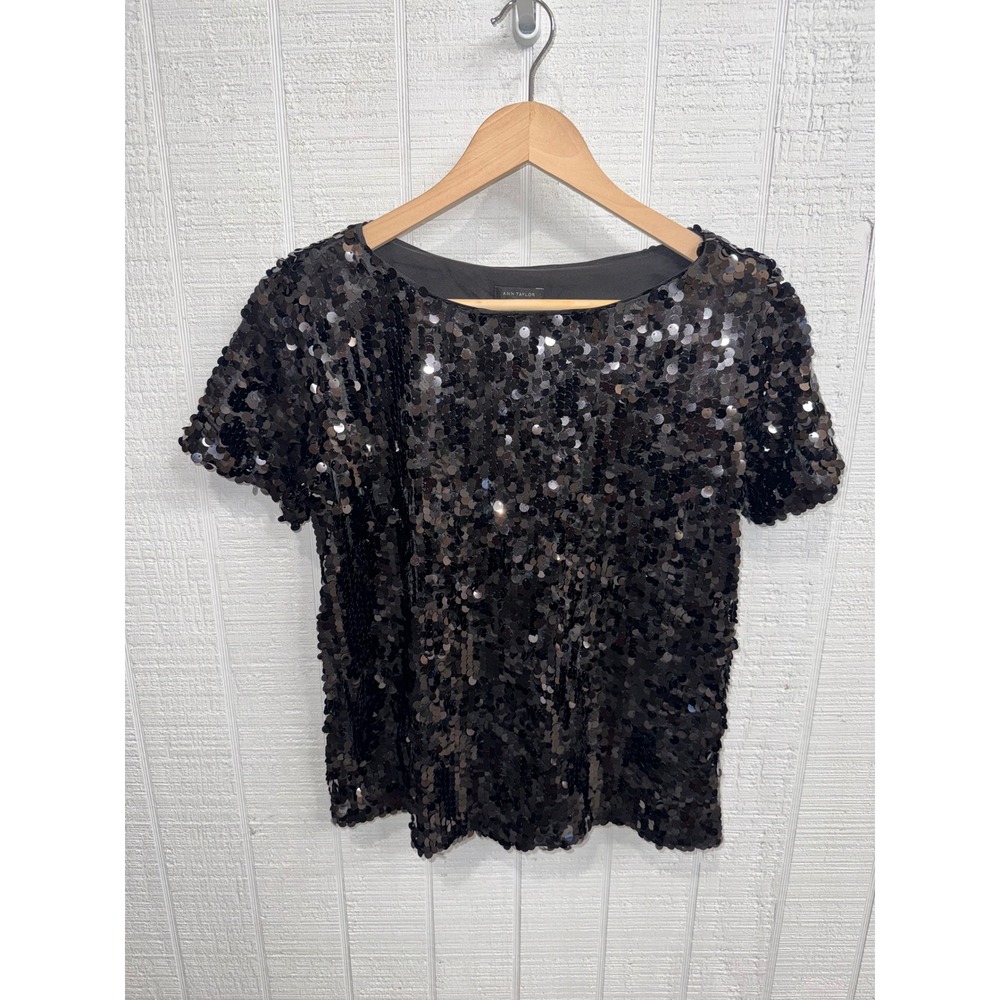 Ann Taylor Sequin Top Women Black Short Sleeve Glam Party XXS